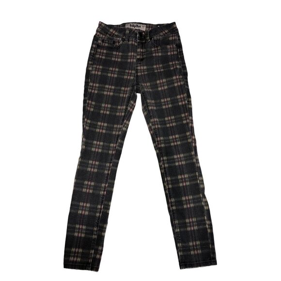Indigo Rein Womens Plaid Skinny Jeans Size 1 or 25 Black Red Stretch Faded Wash - Picture 1 of 9